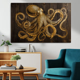 56769669-MGV-CV-36X24-Octopus Wall Art – Gold Nautical Canvas Print with Rustic Wood Panel Design, Detailed Marine Artwork for Coastal Ocean Decoration
