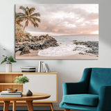 18005328-MGV-CV-36X24-Tropical Beach Canvas Wall Art – Palm Tree, Rocky Shoreline, Ocean Waves, Sunset Clouds, Calm Sea, Island Nature Relaxation for