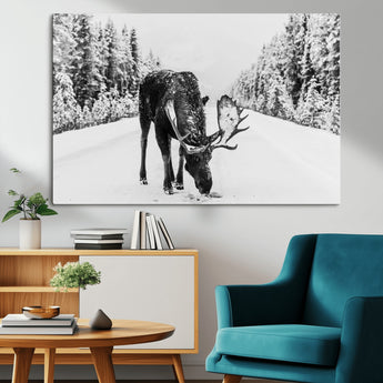 38956835-MGV-CV-36X24-Moose Winter Snowy Forest Canvas Wall Art – Wildlife Nature, Antlers in Frozen Landscape, Quiet Path, Cold Season Outdoors Print