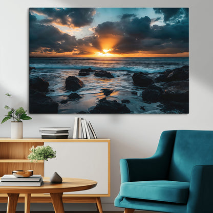 66040852-MGV-CV-36X24-Ocean Sunset Canvas Wall Art – Rocky Shore Waves, Dramatic Clouds, Golden Sun Rays, Coastal Nature, Serene Water Reflection for