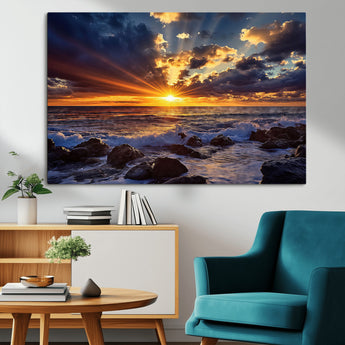 35900590-MGV-CV-36X24-Sunset Ocean Waves Canvas Wall Art – Rocky Shore, Dramatic Sky, Golden Sun Rays, Coastal Beauty, Serene Water Motion for Living