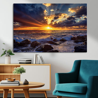 35900590-MGV-CV-36X24-Ocean Sunset Wall Art – Vivid Seascape Canvas Print with Sunburst Sky, Crashing Waves and Rocky Shore, Dramatic Coastal