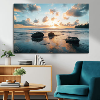 23879436-MGV-CV-36X24-Ocean Sunset Wall Art – Serene Seascape Canvas Print with Golden Sky, Reflections on Sand and Calm Waves, Peaceful Coastal
