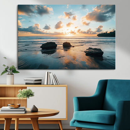 23879436-MGV-CV-36X24-Ocean Sunset Wall Art – Serene Seascape Canvas Print with Golden Sky, Reflections on Sand and Calm Waves, Peaceful Coastal