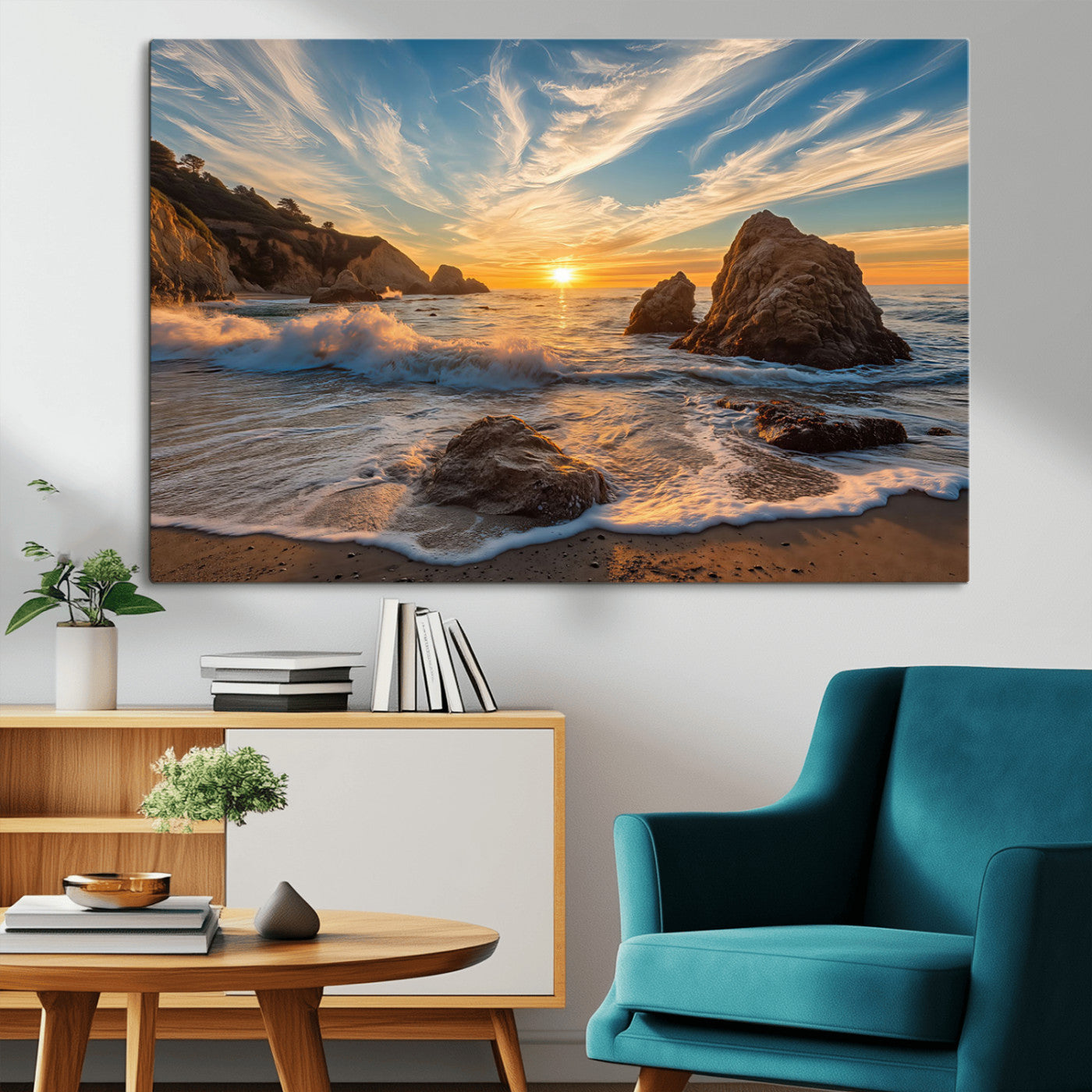 85659923-MGV-CV-36X24-Rocky Ocean Sunset Canvas Wall Art – Seaside Dramatic Seascape Print, Coastal Modern Decor, Ocean Sunset Art for Living Room or