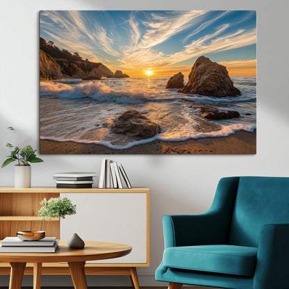 85659923-MGV-CV-36X24-Rocky Ocean Sunset Canvas Wall Art – Seaside Dramatic Seascape Print, Coastal Modern Decor, Ocean Sunset Art for Living Room or