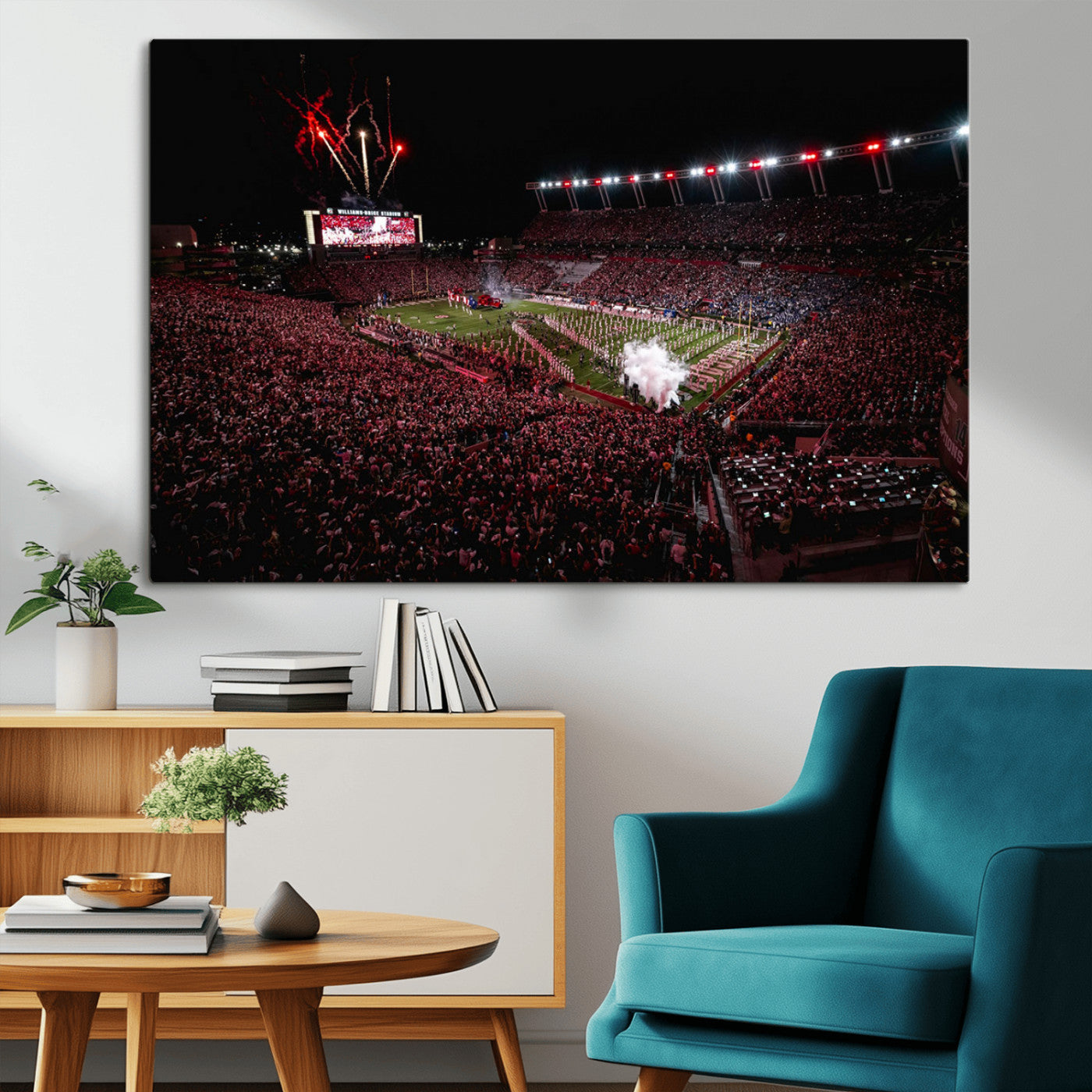 60690191-MGV-CV-36X24-Stadium Wall Art – Night Game Football Canvas Print with Fireworks, Marching Band and Crowd, Panoramic Sports Photography for Man