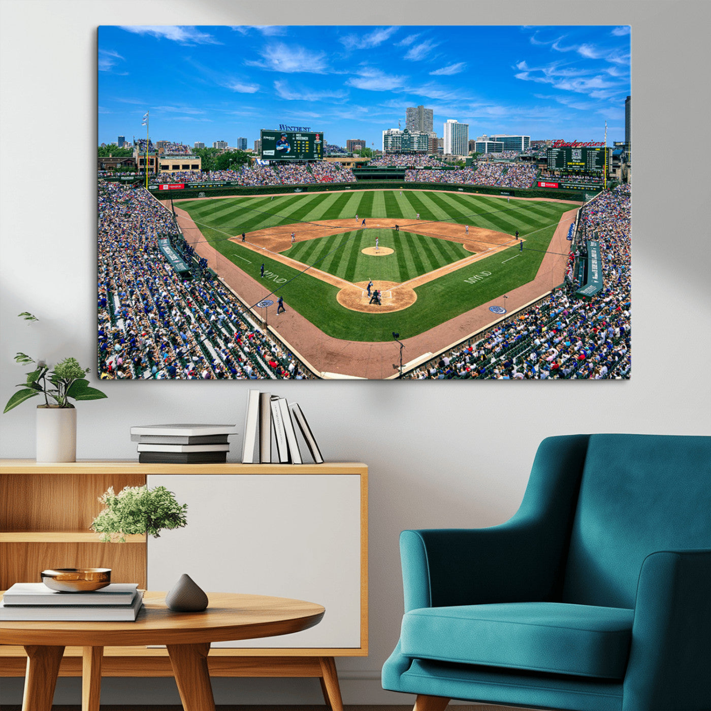 35800083-MGV-CV-36X24-Wrigley Field Baseball Stadium Canvas Wall Art – Packed Crowd Sports Stadium Print, City Skyline Baseball Field Canvas for Game