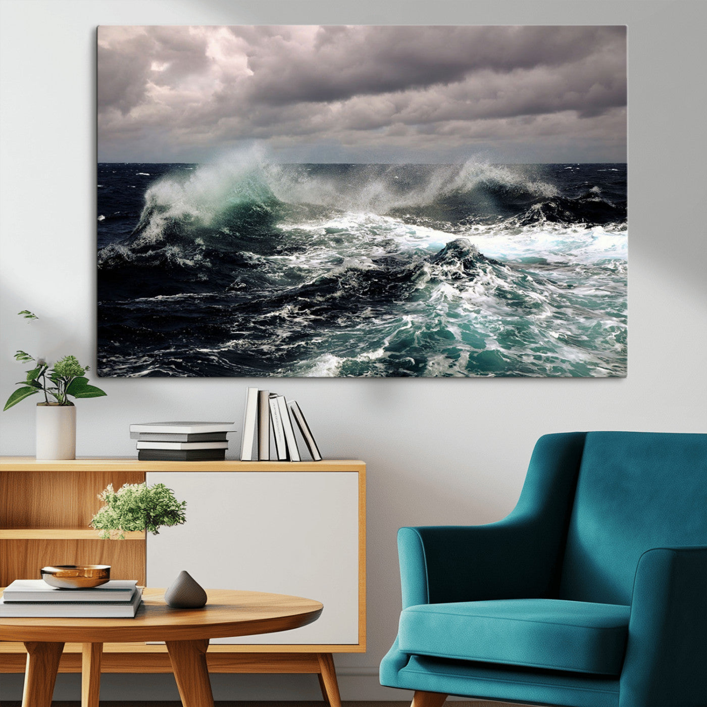 38622353-MGV-CV-36X24-Ocean Wave Wall Art – Dramatic Seascape Canvas Print with Stormy Sky and Crashing Sea, Bold Coastal Photography for Living Room,