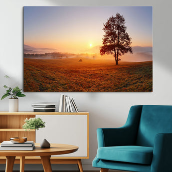 57919623-MGV-CV-36X24-Golden Sunrise Landscape Canvas Wall Art - Framed Misty Field Print, Large Nature Canvas for Living Room, Office, or Home Decor