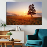 57919623-MGV-CV-36X24-Sunrise Landscape Wall Art – Golden Morning Canvas Print with Tree, Misty Hills and Open Field, Peaceful Nature Photography for