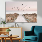 34632598-MGV-CV-36X24-Coastal Pathway Canvas Wall Art – Framed Seaside Landscape, Large Beach and Birds Canvas Print for Home, Office, or Living Room