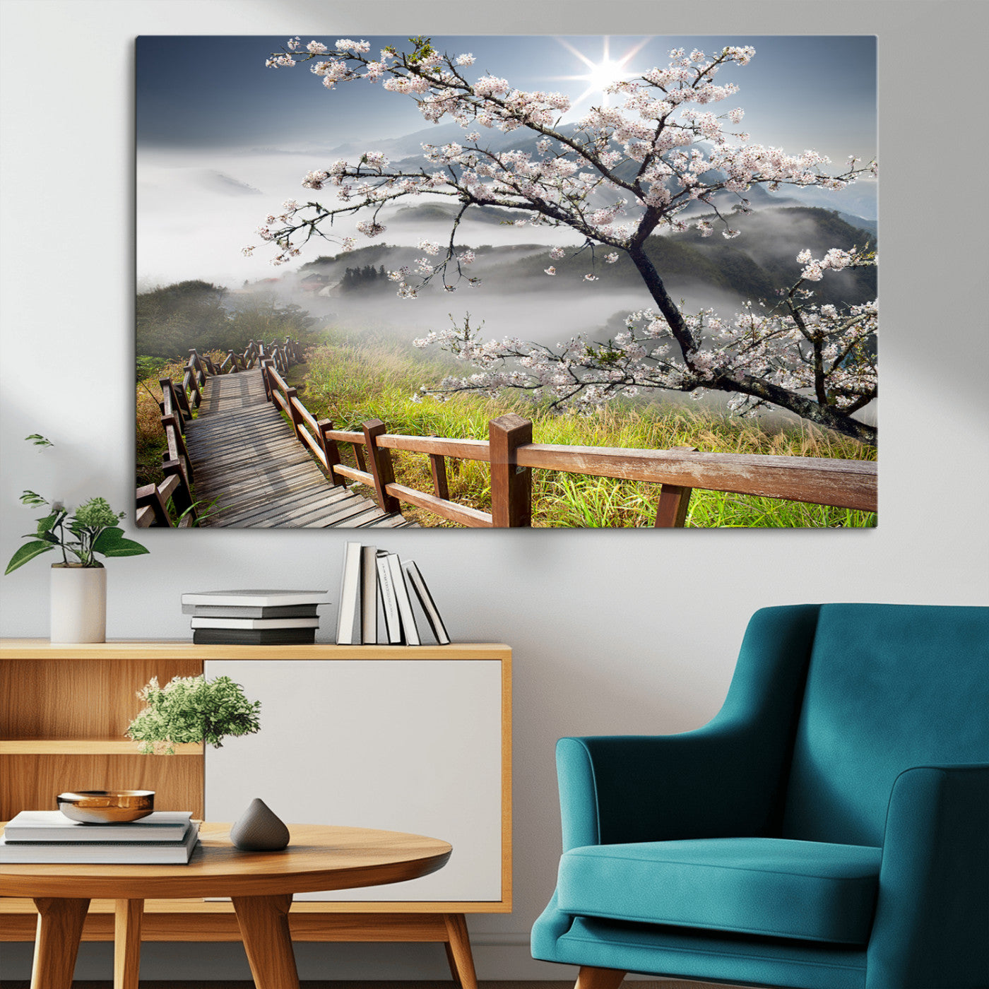 34632598CRY-MGV-CV-36X24-Cherry Blossom Wall Art – Scenic Asian Landscape Canvas Print with Wooden Walkway, Misty Mountains and Sunrise, Serene Nature