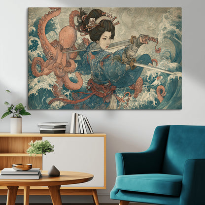 52037775-MGV-CV-36X24-Samurai Woman Wall Art – Japanese Ukiyo e Style Canvas Print with Katana, Ocean Waves and Octopus, Traditional Asian Inspired