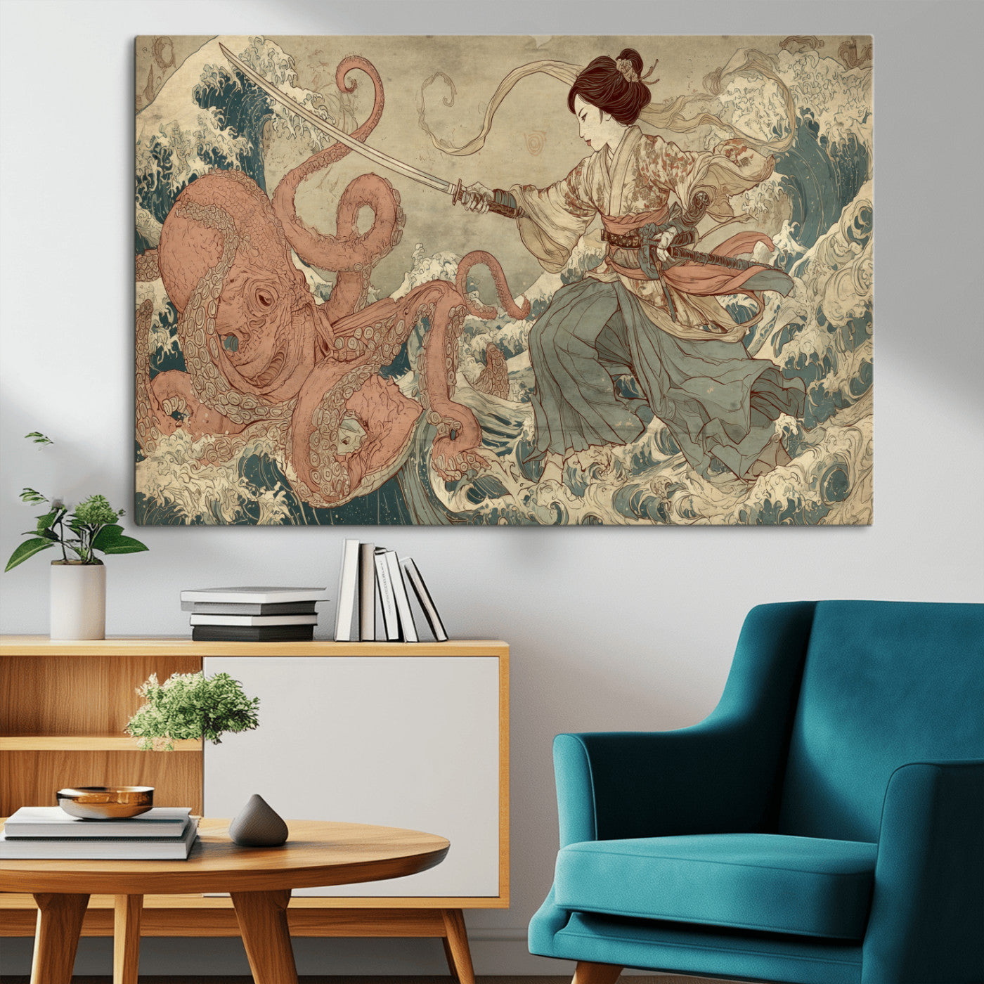 54879547-MGV-CV-36X24-Tsukioka Yoshitoshi Samurai Wall Art Print, Japanese Katana Warrior Canvas Wall Art, Octopus Sea Monster Canvas Print,