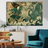 24416422-MGV-CV-36X24-Samurai vs Octopus Wall Art – Japanese Warrior Ocean Battle Canvas Print, Ukiyo e Inspired Decor for Home, Office, or Man Cave