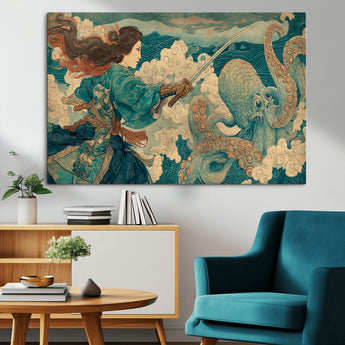37943964-MGV-CV-36X24-Tsukioka Yoshitoshi Samurai Wall Art Print, Japanese Katana Warrior Canvas Wall Art, Octopus Sea Monster Canvas Print,