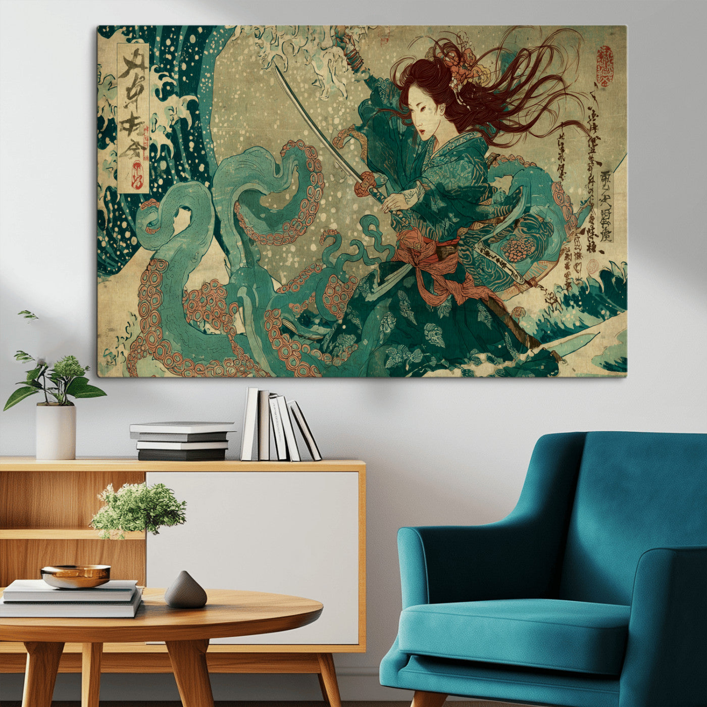86918027-MGV-CV-36X24-Samurai Warrior vs Octopus Wall Art – Japanese Ukiyo-e Ocean Battle Canvas Print, Traditional Samurai Artwork for Living Room,