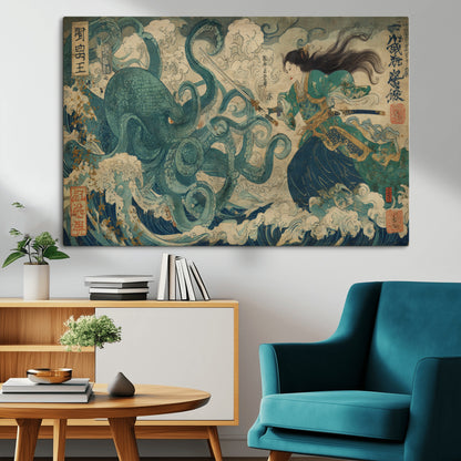 60346622-MGV-CV-36X24-Samurai Warrior vs Octopus Wall Art – Japanese Ukiyo-e Style Ocean Battle Canvas Print, Traditional Samurai Artwork for Living