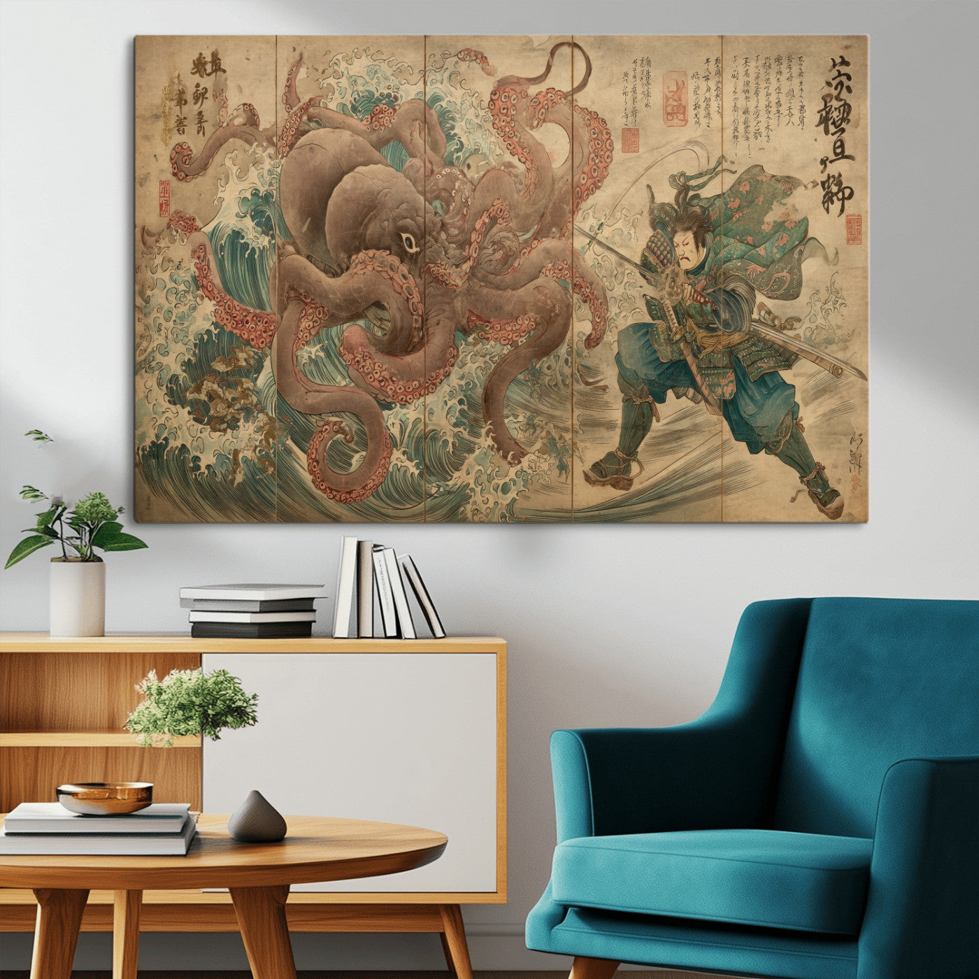 63782167-MGV-CV-36X24-Tsukioka Yoshitoshi Samurai Wall Art Print, Japanese Katana Warrior Canvas Wall Art, Octopus Sea Monster Canvas Print,