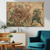 63782167-MGV-CV-36X24-Tsukioka Yoshitoshi Samurai Wall Art Print, Japanese Katana Warrior Canvas Wall Art, Octopus Sea Monster Canvas Print,