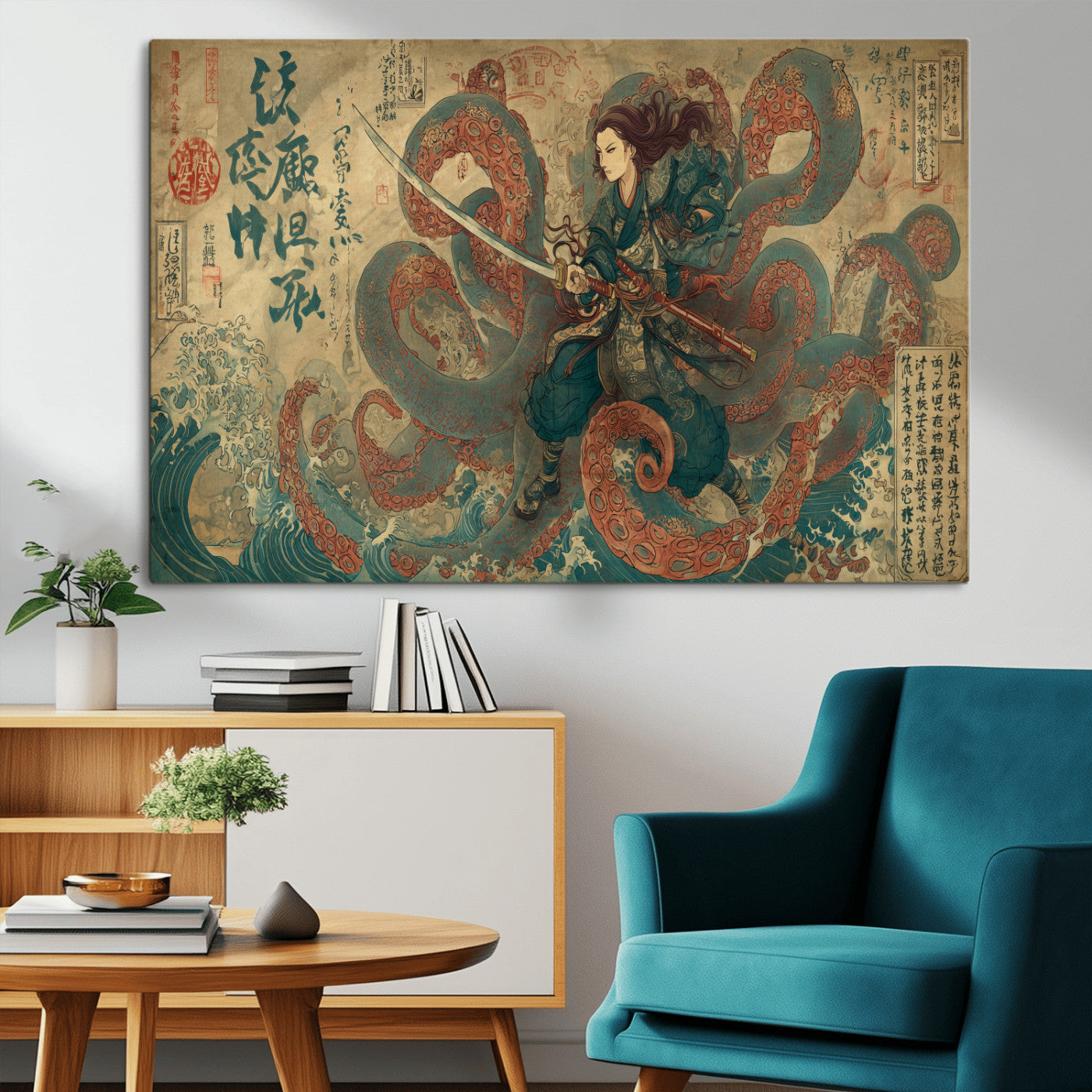 98593115-MGV-CV-36X24-Samurai Warrior vs Octopus Wall Art – Japanese Ukiyo-e Calligraphy Canvas Print, Ocean Battle Scene Artwork for Living Room,