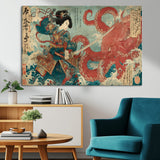68844327-MGV-CV-36X24-Tsukioka Yoshitoshi Samurai Wall Art Print, Japanese Katana Warrior Canvas Wall Art, Octopus Sea Monster Canvas Print,