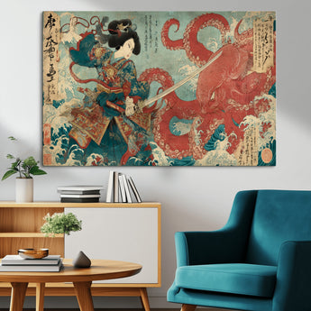 68844327-MGV-CV-36X24-Tsukioka Yoshitoshi Samurai Wall Art Print, Japanese Katana Warrior Canvas Wall Art, Octopus Sea Monster Canvas Print,