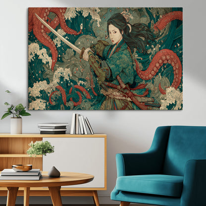 35461724-MGV-CV-36X24-Samurai Woman vs Octopus Wall Art – Japanese Ukiyo-e Ocean Waves Canvas Print, Red Tentacle Battle Artwork for Living Room,