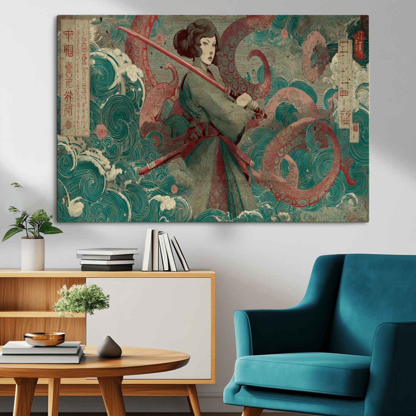 91666601-MGV-CV-36X24-Samurai Woman vs Octopus Wall Art – Japanese Ukiyo-e Green Robe Canvas Print, Ocean Battle Artwork for Living Room, Office, Man