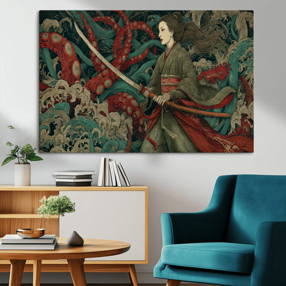 18902796-MGV-CV-36X24-Samurai Woman vs Octopus Wall Art – Japanese Ukiyo-e Green Kimono Canvas Print, Ocean Battle Scene Artwork for Living Room,
