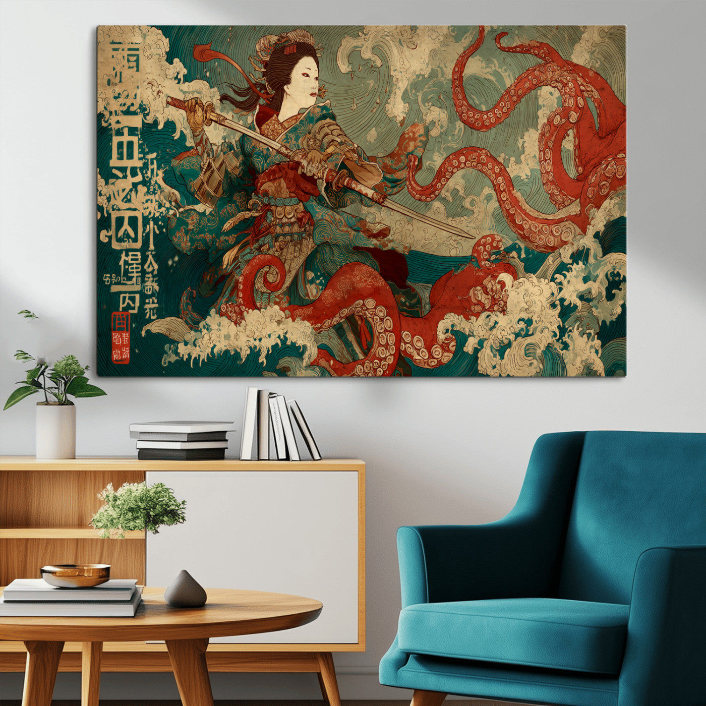 60201267-MGV-CV-36X24-Samurai Woman vs Octopus Wall Art – Japanese Ukiyo-e Armor Canvas Print, Red Tentacle Ocean Battle Artwork for Living Room,