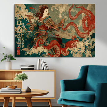 60201267-MGV-CV-36X24-Samurai Woman vs Octopus Wall Art – Japanese Ukiyo-e Armor Canvas Print, Red Tentacle Ocean Battle Artwork for Living Room,