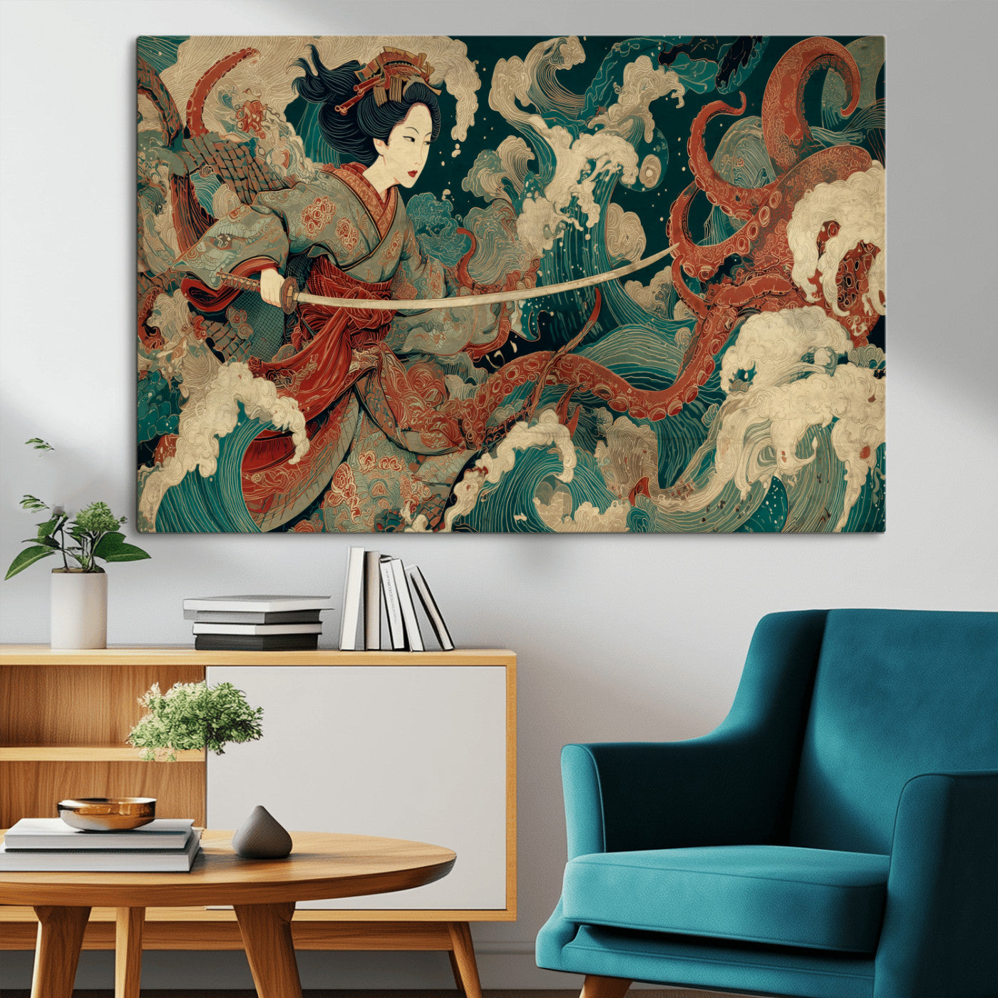 30212982-MGV-CV-36X24-Samurai Woman vs Octopus Wall Art – Japanese Ukiyo-e Style Warrior and Sea Monster Canvas Print, Mythology Inspired Artwork for