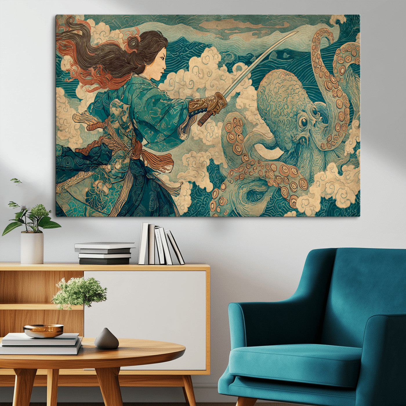 99764195-MGV-CV-36X24-Samurai vs Octopus Wall Art – Japanese Ukiyo-e Style Warrior and Sea Monster Canvas Print, Mythology Inspired Artwork for Living