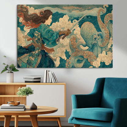 99764195-MGV-CV-36X24-Samurai vs Octopus Wall Art – Japanese Ukiyo-e Style Warrior and Sea Monster Canvas Print, Mythology Inspired Artwork for Living