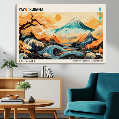 94085549-MGV-CV-36X24-Yayoi Kusama Inspired Japanese Landscape Art Print – Vibrant Mount Fuji, Waves & Autumn Trees, Modern Decorative Poster for