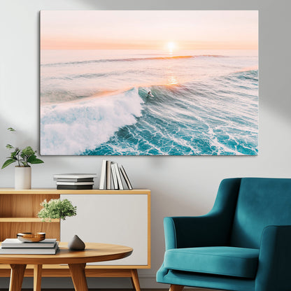 34064591-MGV-CV-36X24-Surfing Wall Art – Sunset Ocean Wave Canvas Print, Surfer Riding Sea Photography Decor for Bedroom, Living Room, Office, Coastal