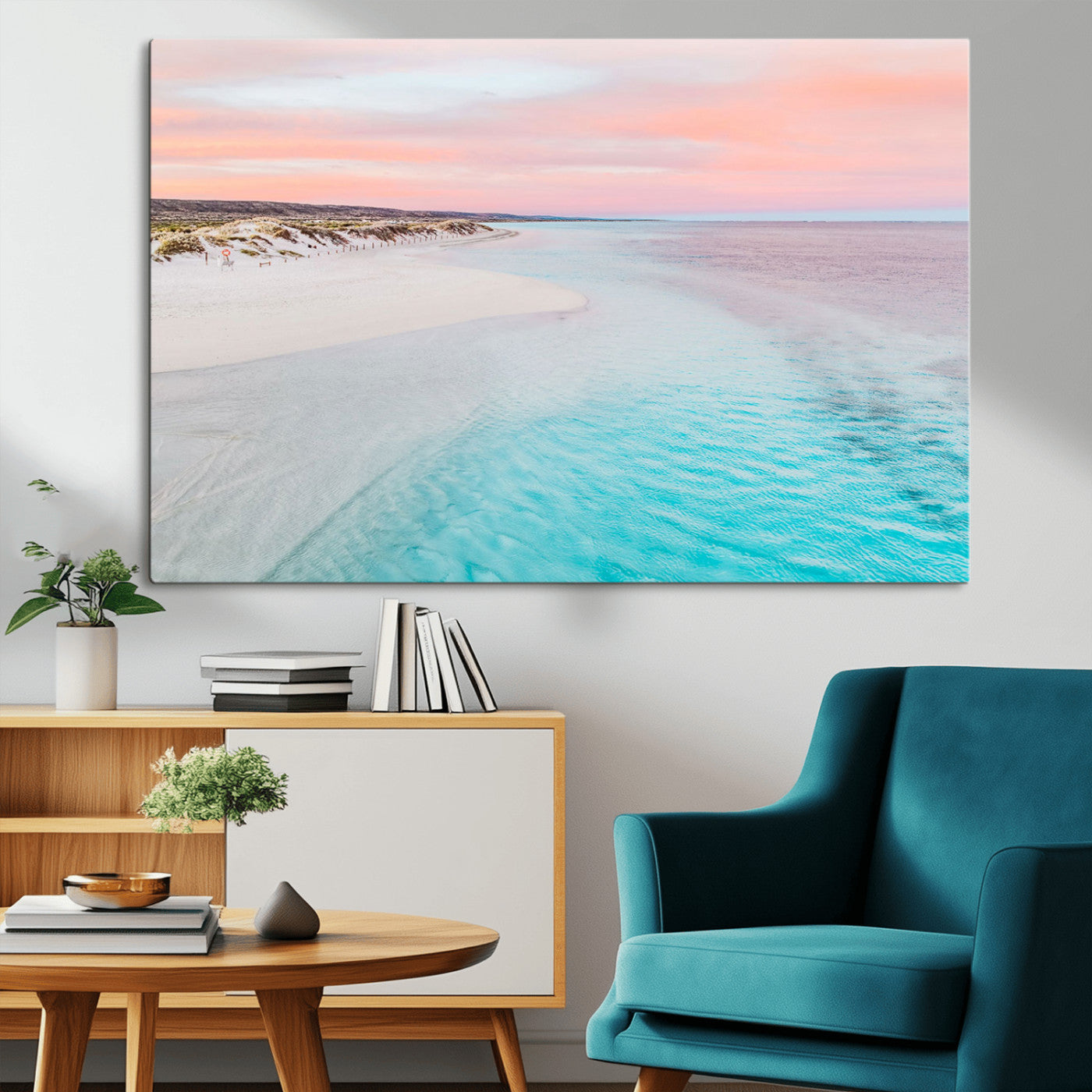 41613614-MGV-CV-36X24-Beach Sunset Wall Art – Pastel Ocean Canvas Print, Turquoise Water and Pink Sky Photography Decor for Bedroom, Living Room, Office