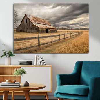 21991117-MGV-CV-36X24-Rustic Barn Wall Art – Weathered Farmhouse Canvas Print, Stormy Sky and Golden Field Photography Decor for Bedroom, Living Room,
