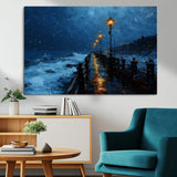 48300530-MGV-CV-36X24-Dark Stormy Pier Canvas Wall Art – Moody Ocean Night Scene with Street Lamps, Blue Coastal Seascape Print for Bedroom, Office, or