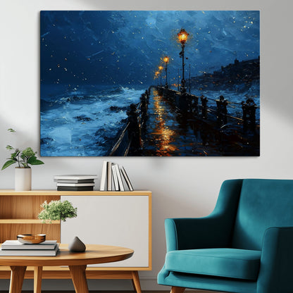 48300530-MGV-CV-36X24-Dark Stormy Pier Canvas Wall Art – Moody Ocean Night Scene with Street Lamps, Blue Coastal Seascape Print for Bedroom, Office, or