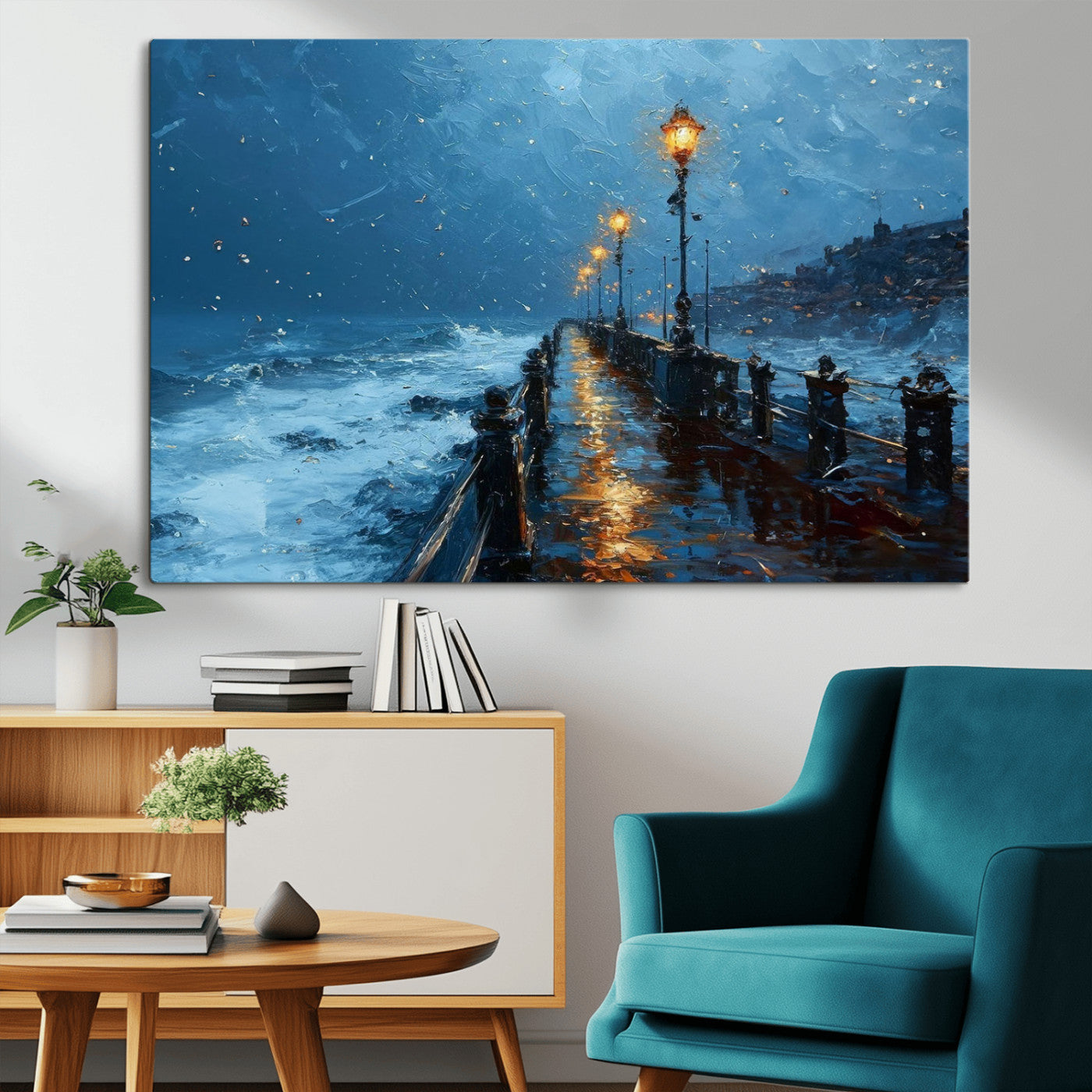 93793246-MGV-CV-36X24-Stormy Night Pier Canvas Wall Art – Moody Ocean Landscape with Lights, Blue Coastal Seascape Print for Bedroom, Living Room,