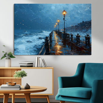 93793246-MGV-CV-36X24-Stormy Night Pier Canvas Wall Art – Moody Ocean Landscape with Lights, Blue Coastal Seascape Print for Bedroom, Living Room,