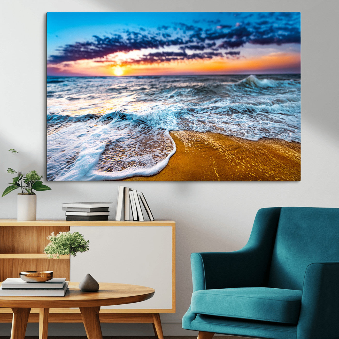 24077769-MGV-CV-36X24-Sunset Beach Wall Art – Ocean Waves Canvas Print, Golden Shoreline Photography Coastal Decor for Living Room, Bedroom, Office,