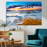 24077769-MGV-CV-36X24-Sunset Beach Wall Art – Ocean Waves Canvas Print, Golden Shoreline Photography Coastal Decor for Living Room, Bedroom, Office,
