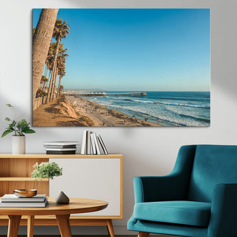 92568259-MGV-CV-36X24-California Beach Wall Art – Palm Tree Pier Canvas Print, Coastal Ocean Photography Seaside Decor for Living Room, Bedroom, Office,