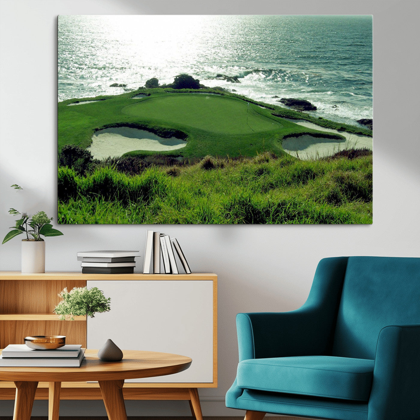 48473947-MGV-CV-36X24-Ocean Golf Course Wall Art – Panoramic Green Fairway Canvas Print, Coastal Golf Landscape Photography Sports Decor for Office, Man