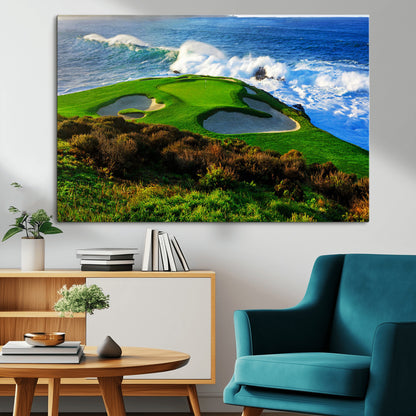 34181847-MGV-CV-36X24-Coastal Golf Course Wall Art – Panoramic Ocean Fairway Canvas Print, Scenic Sports Photography Decor for Office, Man Cave, Living