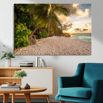 89531159-MGV-CV-36X24-Tropical Beach Sunset Canvas Wall Art – Palm Trees Golden Sand Ocean Waves Coastal Paradise Print for Beach House Bedroom Bathroom